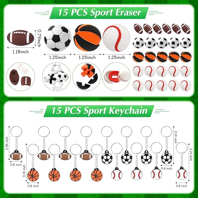 Aoriher Sport Party Favors for Kids, 15 Sets Sport Goodie Silicone Sport Bracelets Mini Stress Ball Keychain Temporary Tattoo Sticker Eraser for Sport Birthday Party Supplies Total 85 Pcs(Sport Ball)