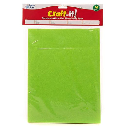 Baker Ross AX295 Christmas Glitter Felt Sheets - Pack of 10, Creative Art Supplies for Kids, Seasonal Crafts and Decorations