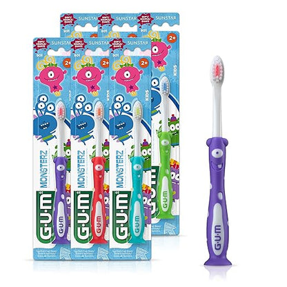 GUM Monsterz Children and Toddler Toothbrush, Soft Bristled Kids’ Toothbrush with Suction Cup, for Ages 2+, 1ct (6pk)