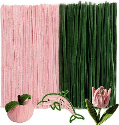 Caydo 200 Pieces Jade Pink & Moss Green Pipe Cleaners for Flowers,Thick Fluffy Chenille Stems for Kids Arts & Crafts and Mother's Day Decorations