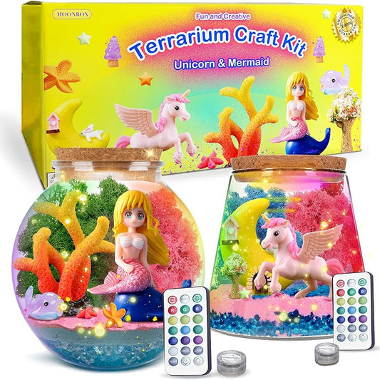 Buy 1 Get 2, Unicorn Terrarium Kit, Mermaid kit for Girls, Arts Craft Kit, Light Up Terrarium DIY Project, Toy for Ages 4-12 Kids, Remote Control LED