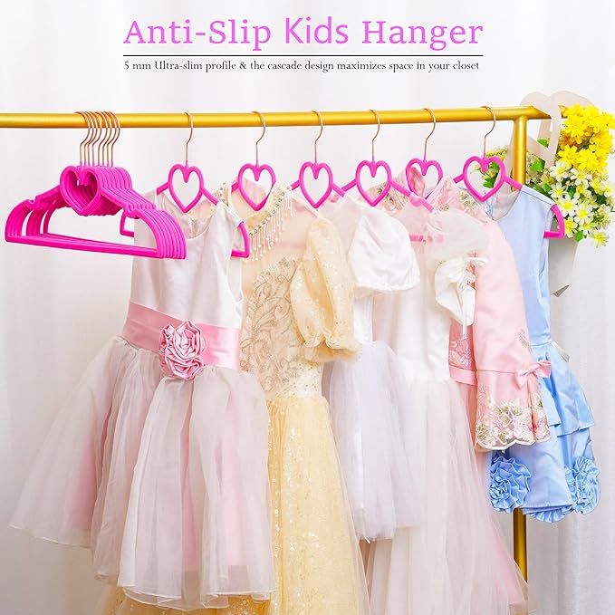Kids Velvet Hangers 50 Pack, 12.8 Inch Non Slip Childrens Hangers, 360° Swivel Rose Gold Hook, Ultra Thin Space Saving Toddler Hangers - Baby Hangers for Closet (Hot Pink)