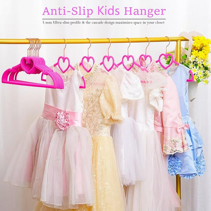 Kids Velvet Hangers 50 Pack, 12.8 Inch Non Slip Childrens Hangers, 360° Swivel Rose Gold Hook, Ultra Thin Space Saving Toddler Hangers - Baby Hangers for Closet (Hot Pink)