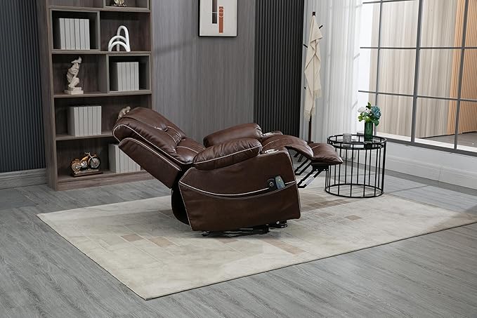 FANYE Electric Power Lift Recliner Chair for Elderly W/Massage and Heat, Infinite Positions Two Remote Controllers Oversized Faux Leather Upholstered Recliner&Armchair W/Side Pockets & Cup Holders
