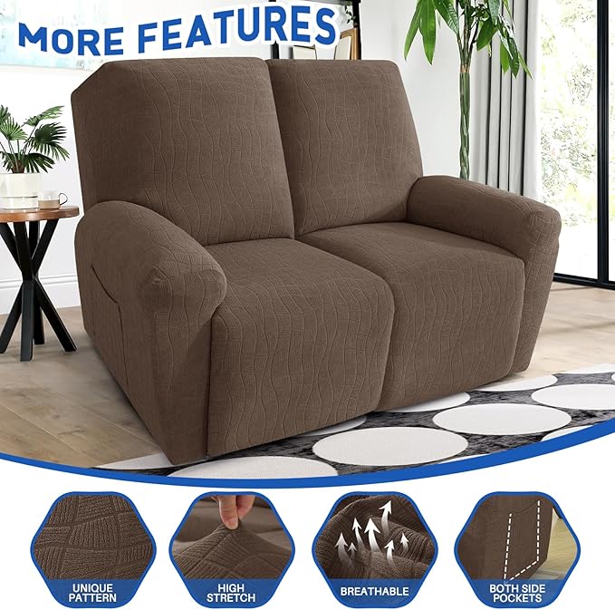 MAXIJIN Waterproof Loveseat Recliner Cover 4 Pieces Reclining Love Seat Slipcvers, Recliner Sofa Cover 2 Seater with Elastic Straps & Pockets for Pet, Kids (Loveseat Recliner, Light Coffee)
