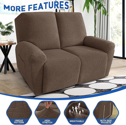 MAXIJIN Waterproof Loveseat Recliner Cover 4 Pieces Reclining Love Seat Slipcvers, Recliner Sofa Cover 2 Seater with Elastic Straps & Pockets for Pet, Kids (Loveseat Recliner, Light Coffee)