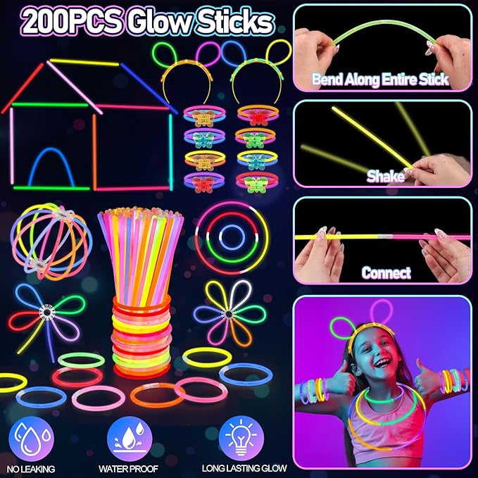 298PCS Glow in the Dark Party Supplies, 12PCS Glow Fiber Optic Wands, 20PCS LED Glasses, 8PCS Foam Glow Sticks and 200PCS Glow Sticks Bracelets, Light Up Party Favors for Wedding, Concert, Birthday