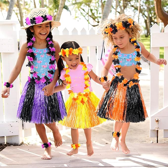 Fortuning's JDS Girl's Hawaiian Hula Grass Skirt for Party Outfits Kids Flowers Costume for Luau Tropical Beach Party Decor