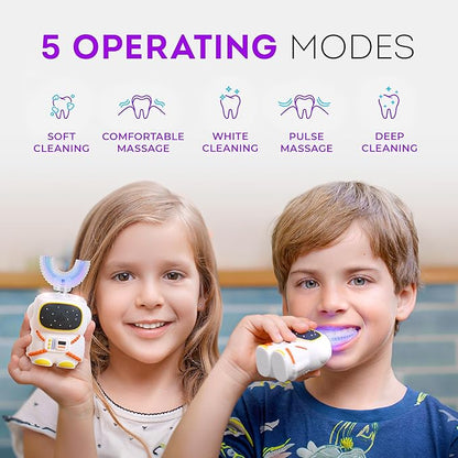 Sensory 360 Round U-Shaped Astronaut Design Mouthguard Electric Toothbrush for Kids Ages 2-7 - Automatic Memory Function - 5 Modes Toothbrush with Multiple Heads – Kids Travel Essentials (White)