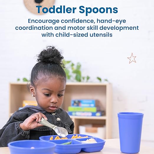 ECR4Kids My First Meal Pal Stainless Steel Spoons, Toddler Silverware, White, Light Grey, 3-Pack