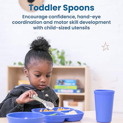 ECR4Kids My First Meal Pal Stainless Steel Spoons, Toddler Silverware, White, Light Grey, 3-Pack