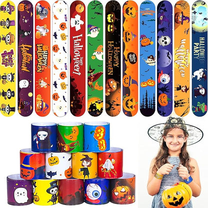 48 Pcs Halloween Slap Bracelets, 12 Styles for Halloween Party Favors, Assorted Bulk Pumpkin Zombie Witches Snap Bracelet Wristbands for Kids Halloween Party Gift Bag Filler Supply