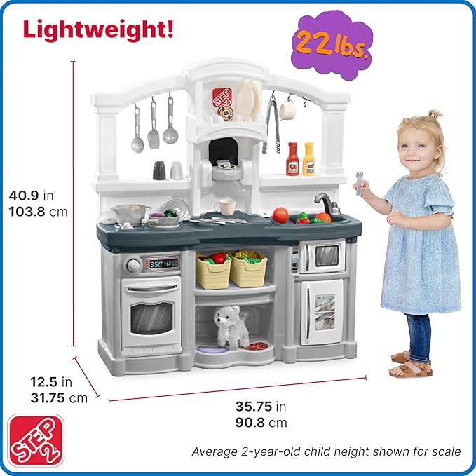 Step2 Fun with Friends Kids Kitchen Playset, Indoor/Outdoor Kitchenette, Interactive Play with Lights and Sounds, Durable Plastic, Includes 25 Piece Toy Accessories, Toddlers 2+ Years Old, Gray