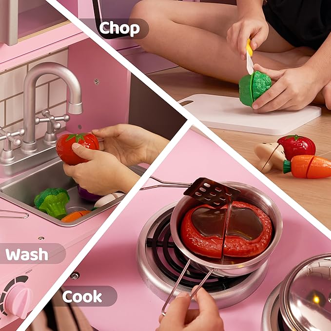 Play Kitchen Set for Toddlers, Wooden Toy Playset with Real Lights & Sounds, Double-Door Fridge, Ice Maker & Cookware Accessories, Pretend Play Kitchen Set for Kids, Gift for Ages 3+