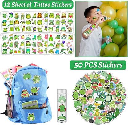 110 PCS Frog Party Favors, Frog Temporary Tattoos Slap Bracelets Keychains Stickers Badges Gift Bags for Frog Birthday Party Decorations Supplies Gifts for Kids Classroom Rewards Baby Shower