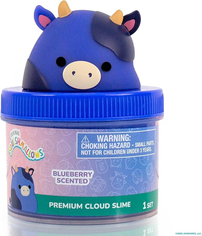 Original Squishmallows Ingrid The Cow Premium Cloud Slime, Blueberry-Scented, 8 oz., Storage Container with Figurine Topper, Rubber Charm, Goodie Bags Stuffers, Kids Party Favors, Sensory Toys
