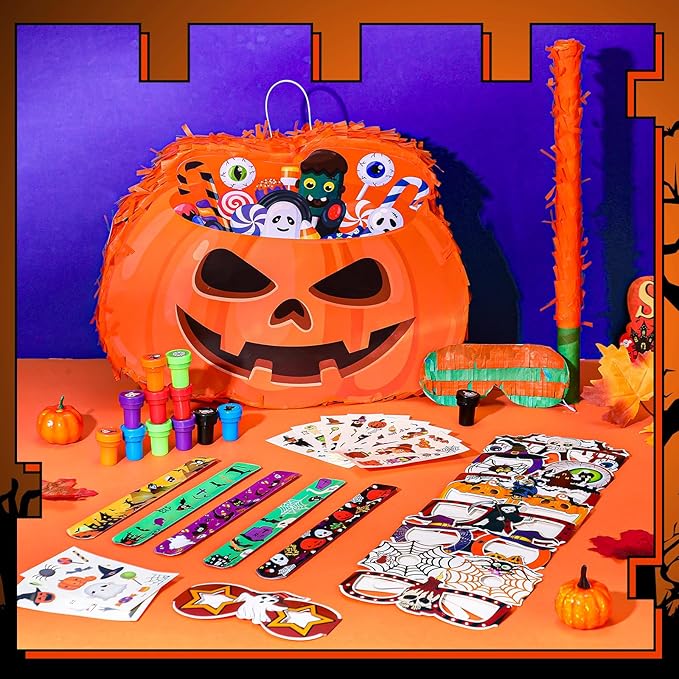 Jenaai 50 Pcs Halloween Piñatas Party Favors Include Large Piñatas with Blindfold Slap Bracelets Paper Eyeglasses Glow in the Dark Stickers and Stamper Halloween Party Supplies(Pumpkin)