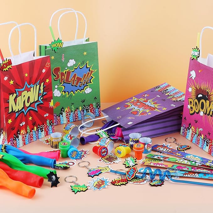 LiYiQ 122 Pcs Hero Party Favors with Hero Punch Balloons Reusable Drinking Straws Hero Slap Bracelets Keychains Stamps Stickers and Gift Bags for Kids Hero Birthday Party Supplies (Style 1)