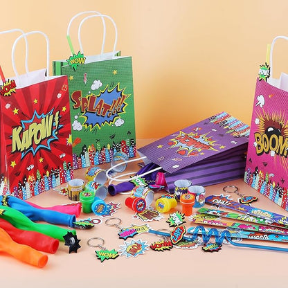 LiYiQ 122 Pcs Hero Party Favors with Hero Punch Balloons Reusable Drinking Straws Hero Slap Bracelets Keychains Stamps Stickers and Gift Bags for Kids Hero Birthday Party Supplies (Style 1)