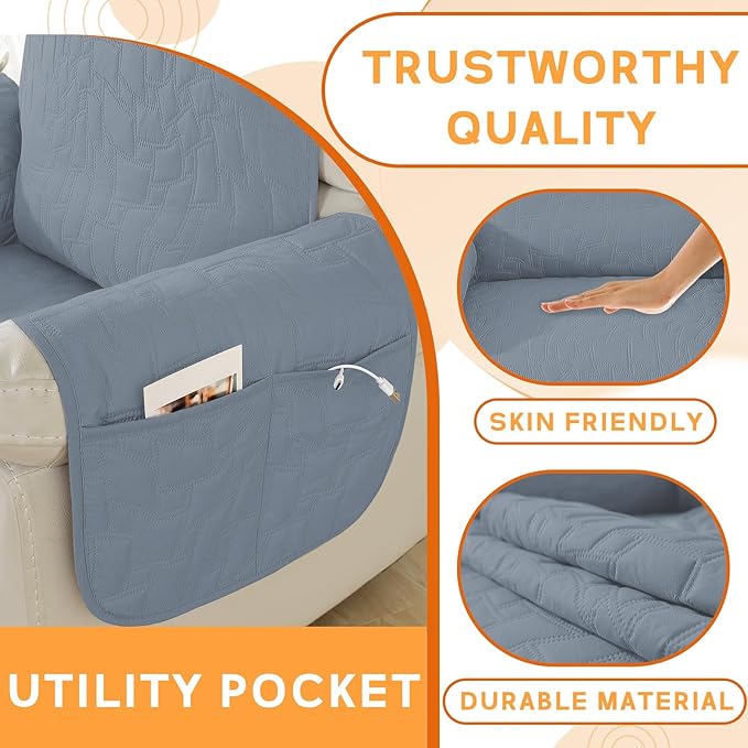 XINEAGE 100% Waterproof Recliner Chair Covers with Elastic Straps, Nonslip Reclining Couch Covers Washable Recliner Couch Cover with Pockets Furniture Protector for Pets Dogs (Greyish Blue, 23")