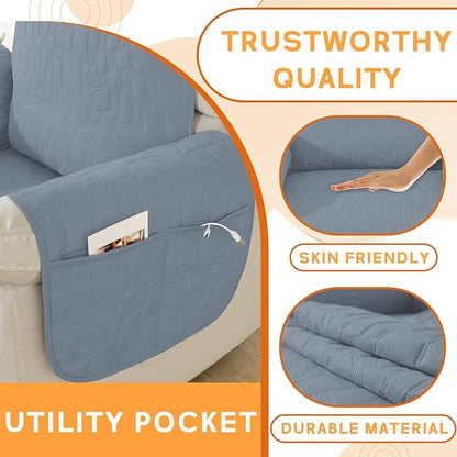 XINEAGE 100% Waterproof Recliner Chair Covers with Elastic Straps, Nonslip Reclining Couch Covers Washable Recliner Couch Cover with Pockets Furniture Protector for Pets Dogs (Greyish Blue, 23")