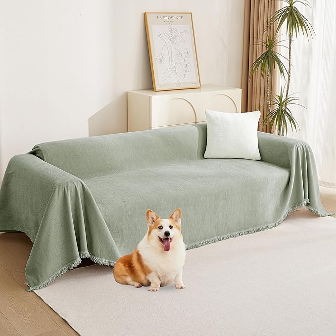 MYSKY HOME Chenille Sofa Slipcovers Sage Green Sofa Covers with Tassel Edge L Shaped Sectional Couch Covers for 3 Cushion Couch, Washable Thick Durable Furniture Protector for Dogs Kids 91"x 134"