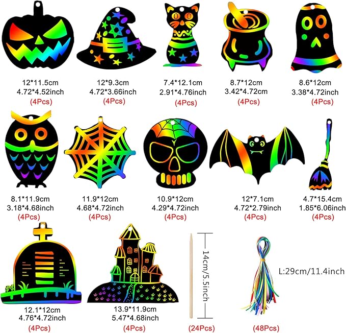 48 Pieces Halloween Scratch Crafts for Kids, DIY Rainbow Magic Scratch Paper, Bat Pumpkin Halloween Haunted House Arts and Crafts Ornaments Decoration for Halloween Activity Party Favor