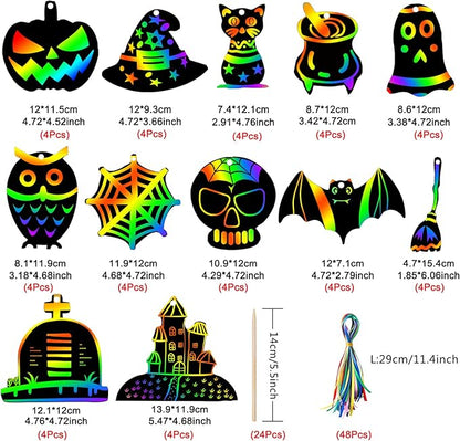 48 Pieces Halloween Scratch Crafts for Kids, DIY Rainbow Magic Scratch Paper, Bat Pumpkin Halloween Haunted House Arts and Crafts Ornaments Decoration for Halloween Activity Party Favor