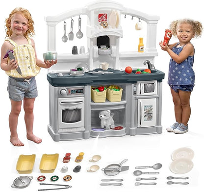 Step2 Fun with Friends Kids Kitchen Playset, Indoor/Outdoor Kitchenette, Interactive Play with Lights and Sounds, Durable Plastic, Includes 25 Piece Toy Accessories, Toddlers 2+ Years Old, Gray