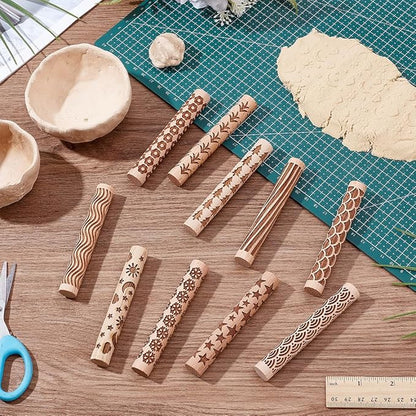 UNICRAFTALE 10Pcs Wooden Clay Texture Rollers Set for Pottery 10 Styles Ceramics Potters Stamp Roller Tools 102mm Textured Rolling Pins Modeling Pattern Rollers Kit for DIY Handmade Art Supplies