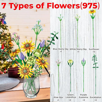 Contixo Flowers Bouquet Building Blocks Set - BK04 Artifical Sunflower Botanical Collection Kids Building Toys Kit 975 PCS, Home Plant Decor Toy Gift for Adults Kids Girls Ages 6+