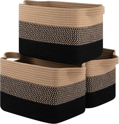 OIASKET Storage Basket for Organizing, Woven Baskets for Storage, Rectangle Decorative Baskets for Shleves, Closet, Toys, Books, Nursery Organizer Bins - Pack of 3 (Black & Brown, 15.75"x11.8"x9.85")