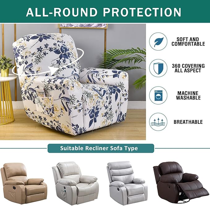NILUOH Stretch Recliner Cover 4 Pieces Printed Lazy Boy Chair Covers Floral Patterned Recliner Sofa Slipcover Anti-Slip Fitted Furniture Protector with Elastic Bottom, A1