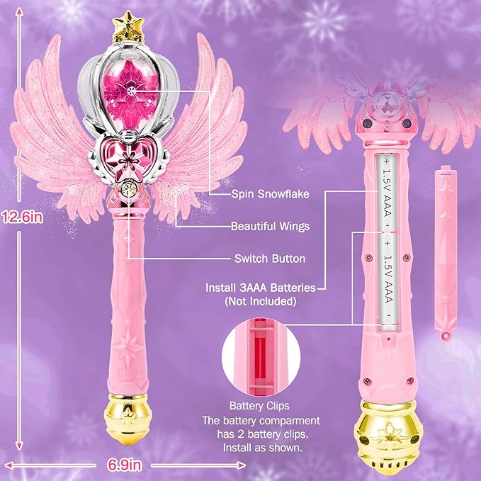 Light Up Snowflake Wand with Spinning LEDs and Sound Magic Princess Toys for Kids Girls Birthday Cosplay Party Favors, Pink