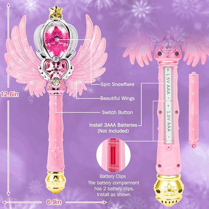 Light Up Snowflake Wand with Spinning LEDs and Sound Magic Princess Toys for Kids Girls Birthday Cosplay Party Favors, Pink