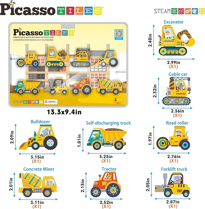 PicassoTiles Magnet Building Tile Blocks Addon 8 Magnetized Action Figures Construction Vehicle Zoo Animal Theme Compatible with Magnetic Build Tiles Playset STEM Learning Girls Boys Ages 3+ PTA21