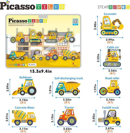 PicassoTiles Magnet Building Tile Blocks Addon 8 Magnetized Action Figures Construction Vehicle Zoo Animal Theme Compatible with Magnetic Build Tiles Playset STEM Learning Girls Boys Ages 3+ PTA21
