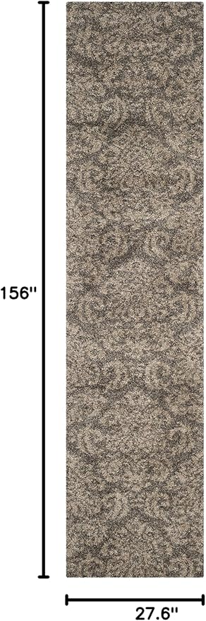 SAFAVIEH Florida Shag Collection Runner Rug - 2'3" x 13', Smoke & Beige, Damask Design, Non-Shedding & Easy Care, 1.2-inch Thick Ideal for High Traffic Areas in Living Room, Bedroom (SG460-7913)