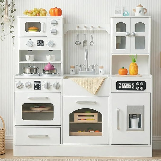 Wooden Play Kitchen for Toddlers and Kids with Lights & Sounds, Large Interactive Pretend Play Set with Ice Maker, Stove, Sink, Oven, 12 Accessories - Ages 3-8