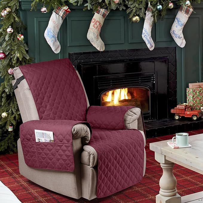 Ruaozz 100% Waterproof Recliner Chair Cover Non-Slip Oversized Reclining Cover for Large Recliner Chair Washable Chair Seat Cover with Elastic Straps for Kids, Dogs, Pets (Wine, 28'')