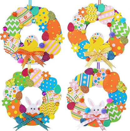 12 Sets Easter Wreath Signs Decorations DIY Foam Easter Craft Kits Easter Eggs Bunny Chick Foam Stickers Pom-Poms Googly Eyes for Kids Classroom Home Activity Art Project Gift Easter Front Door Décor