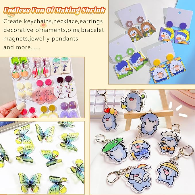 Gushu 140 Pcs Shrink Dink Sheets Keychain Making Kit, 20 Blank Heat Shrinky Art Papers (7.9 x 5.7 Inch) with 120 Keychain Accessories for DIY Crafts, Creative Handprint Art for Teens & Adults