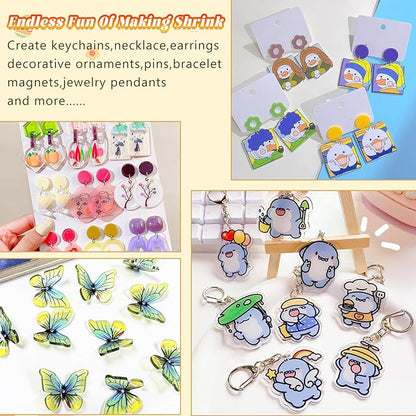 Gushu 140 Pcs Shrink Dink Sheets Keychain Making Kit, 20 Blank Heat Shrinky Art Papers (7.9 x 5.7 Inch) with 120 Keychain Accessories for DIY Crafts, Creative Handprint Art for Teens & Adults