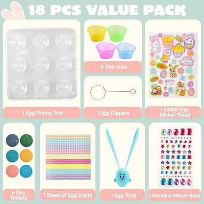 Klever Kits 20Pcs DIY Easter Egg Decorating Kit, Dye Kit with Gradient Color Tablets, Stands, Stickers for Party Favor, Creativity Activity, Hunt, Gift