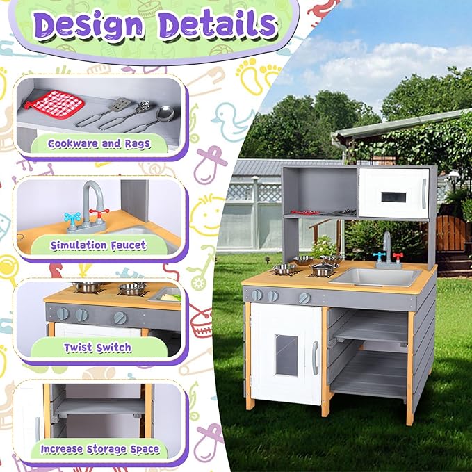 Outdoor Mud Kitchen Playset,Wooden Pretend Play Kitchen w/Water Box & Faucet,Kitchenware, Stove,Play Sink,Storage Shelves,Backyard Garden Worktop Toy Toddler Kitchen for Boys and Girls Ages 3-8