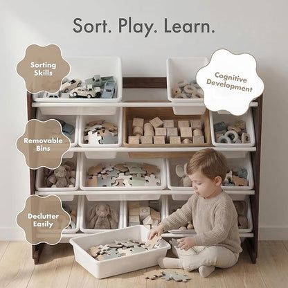 Humble Crew Toy Storage Organizer with 16 Removable Storage Bins for Kids Playroom, 4-Tier Toddler Toy Organization and Storage, Espresso/White