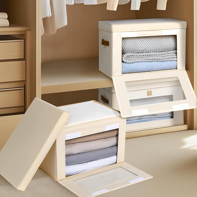 Homsorout Large Closet Storage Organizer - Clothes Storage Bins with Handles & Window, Collapsible Decorative Boxes with Lids, Fabric Containers for Living Room, Dorm, 2 Pack, Beige