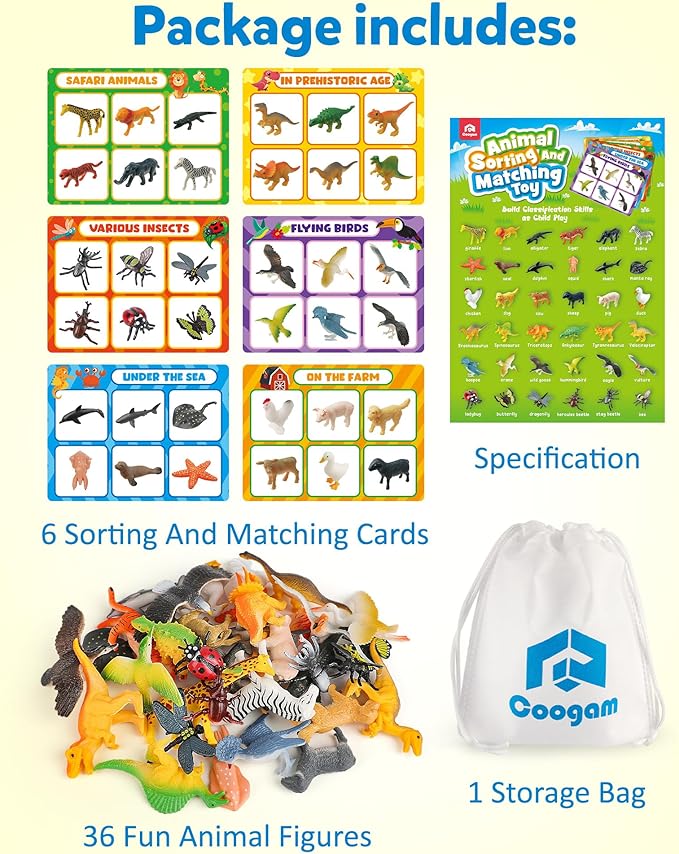 Coogam Sorting Toys for Toddles, Animals Figures Dinosaurs Birds Insects Cognition Matching Game Playset, Fine Motor Learning Activities Educational Toy Gift for 3 4 5 Year Old Kid