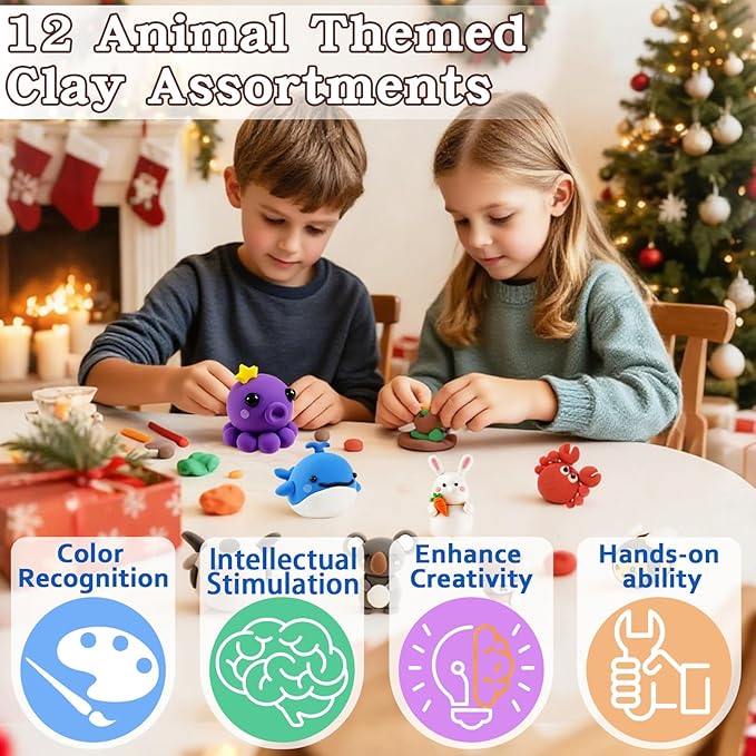 Christmas Air Dry Modeling Clay for Kids, Polymer Clay Kit Super Light & Soft DIY Play Dough Animals Crafts Set, Creatibles Art and Crafts Valentine's Day Christmas Gifts for Beginners Kids Boys Girls
