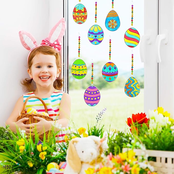 24 Sets Easter Egg Suncatcher Ornaments Decoration DIY Window Paint Art Stickers Craft Kit 8 Designs Easter Egg Suncatchers for Kids Classroom Easter Spring Activity Art Projects Basket Party Favors